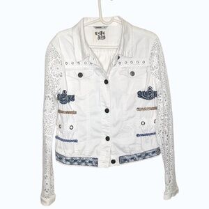 Desigual Exotic Jeans White Jacket Lace Sleeve Embroidered Women 38